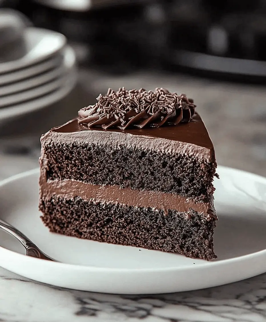 Close-up of rich chocolate fudge frosting on a cake slice
