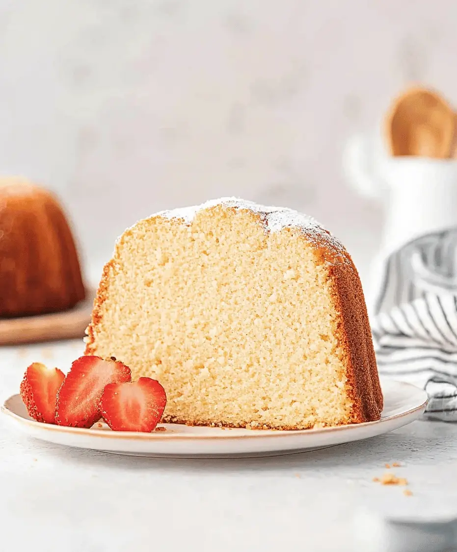 Close-up of a slice of pound cake with berries and whipped cream.