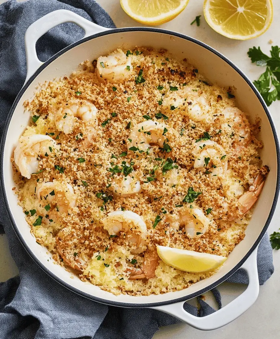 Close-up of baked shrimp scampi with glistening sauce and golden breadcrumbs.