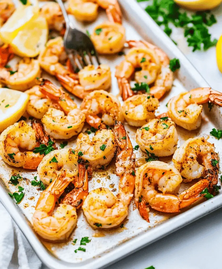 Close-up of baked shrimp with garlic lemon butter sauce, garnished with parsley, ready to be served.