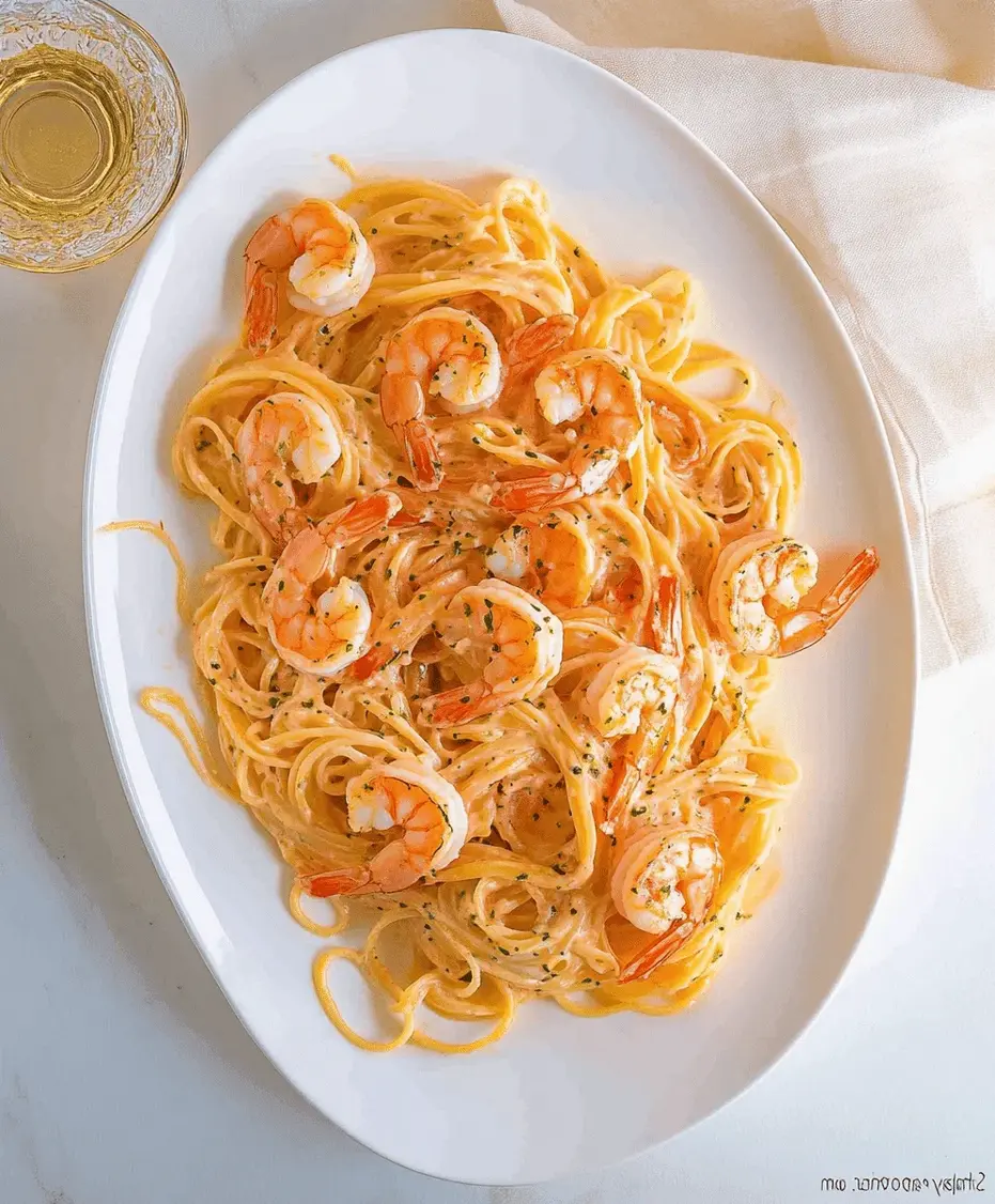 Close-up of shrimp pasta with creamy tomato white wine sauce.