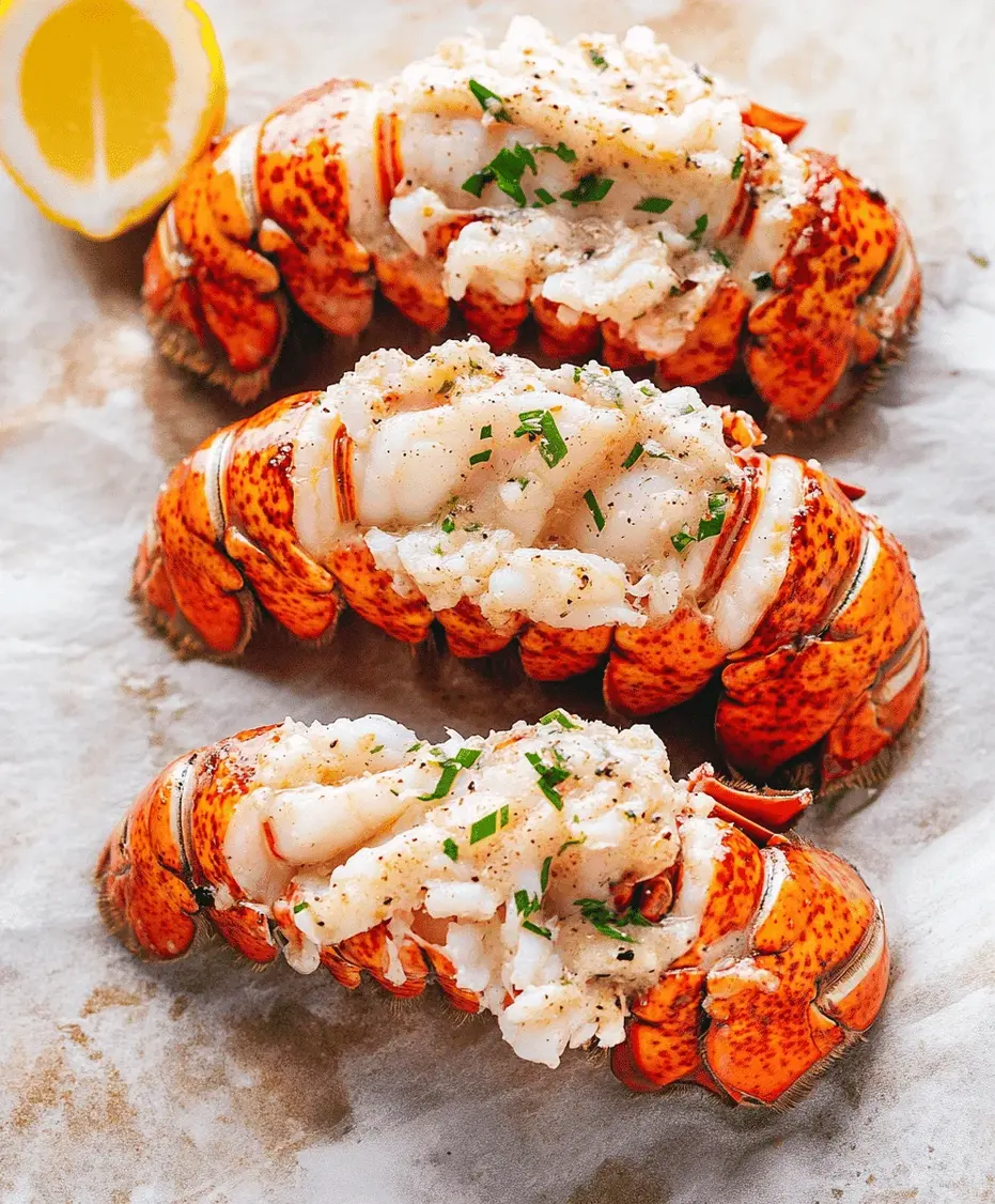 Close-up of tender lobster meat being drizzled with garlic butter sauce.
