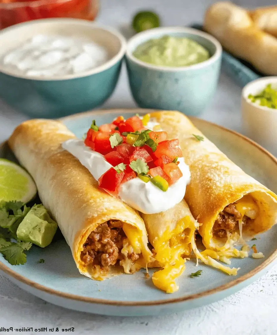 Golden brown beef and cheese chimichangas stacked and ready to be served with toppings like salsa and guacamole.