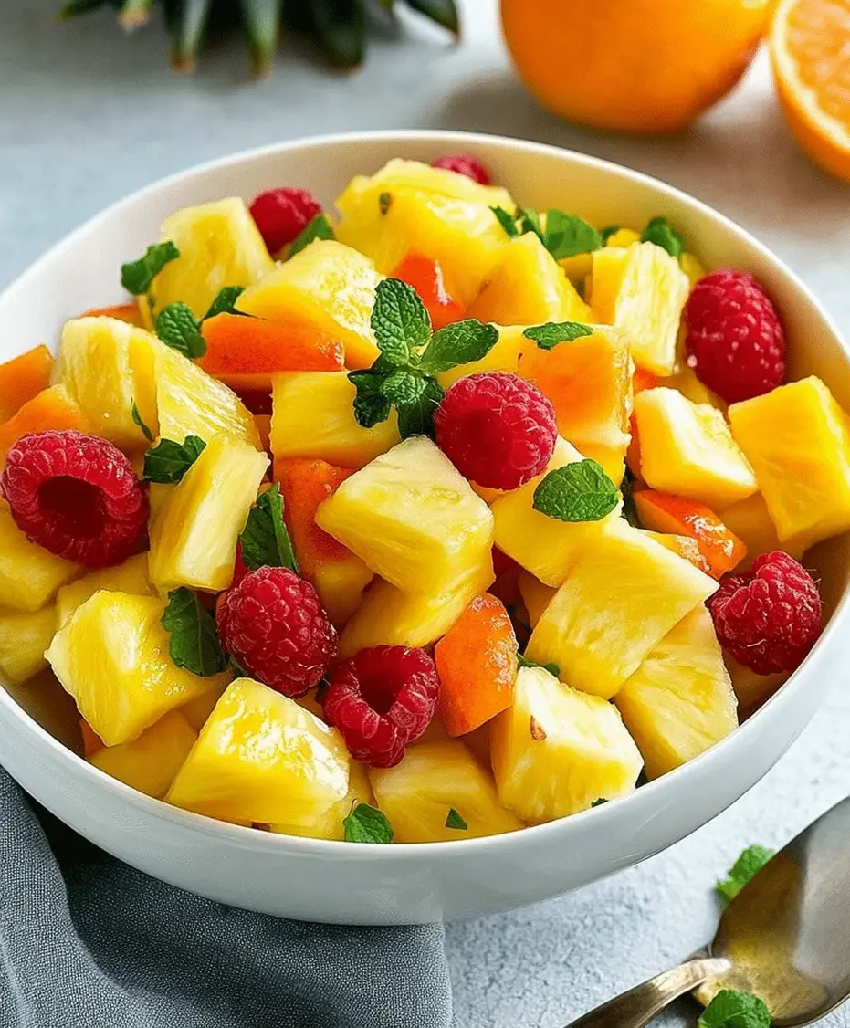 A refreshing bowl of Tropical Pineapple Salad with mango, pineapple, mint, and a zesty lime dressing, perfect for a summer day.