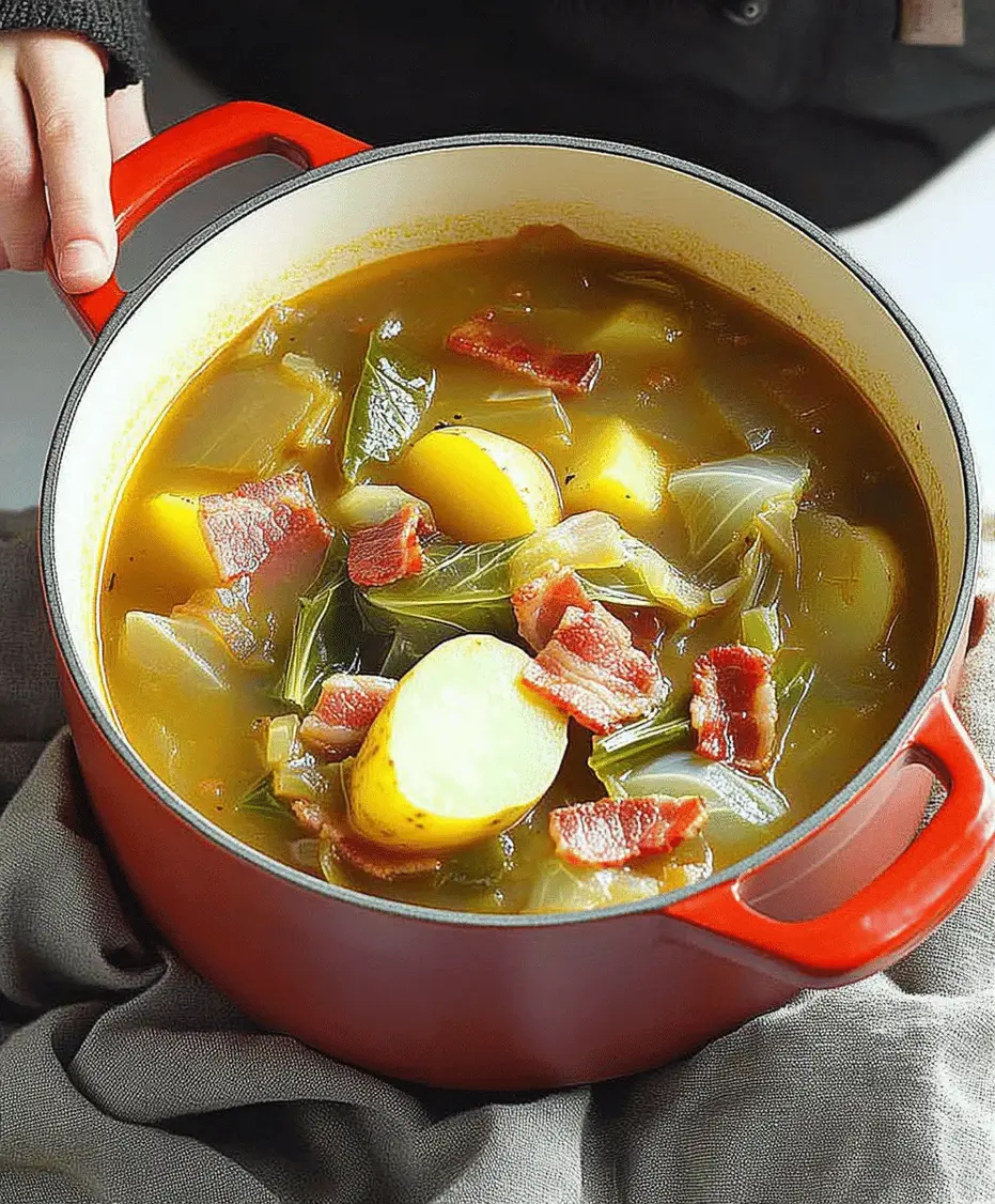 Close-up of fresh ingredients for Irish Bacon, Cabbage, and Potato Soup, including bacon, cabbage, and potatoes