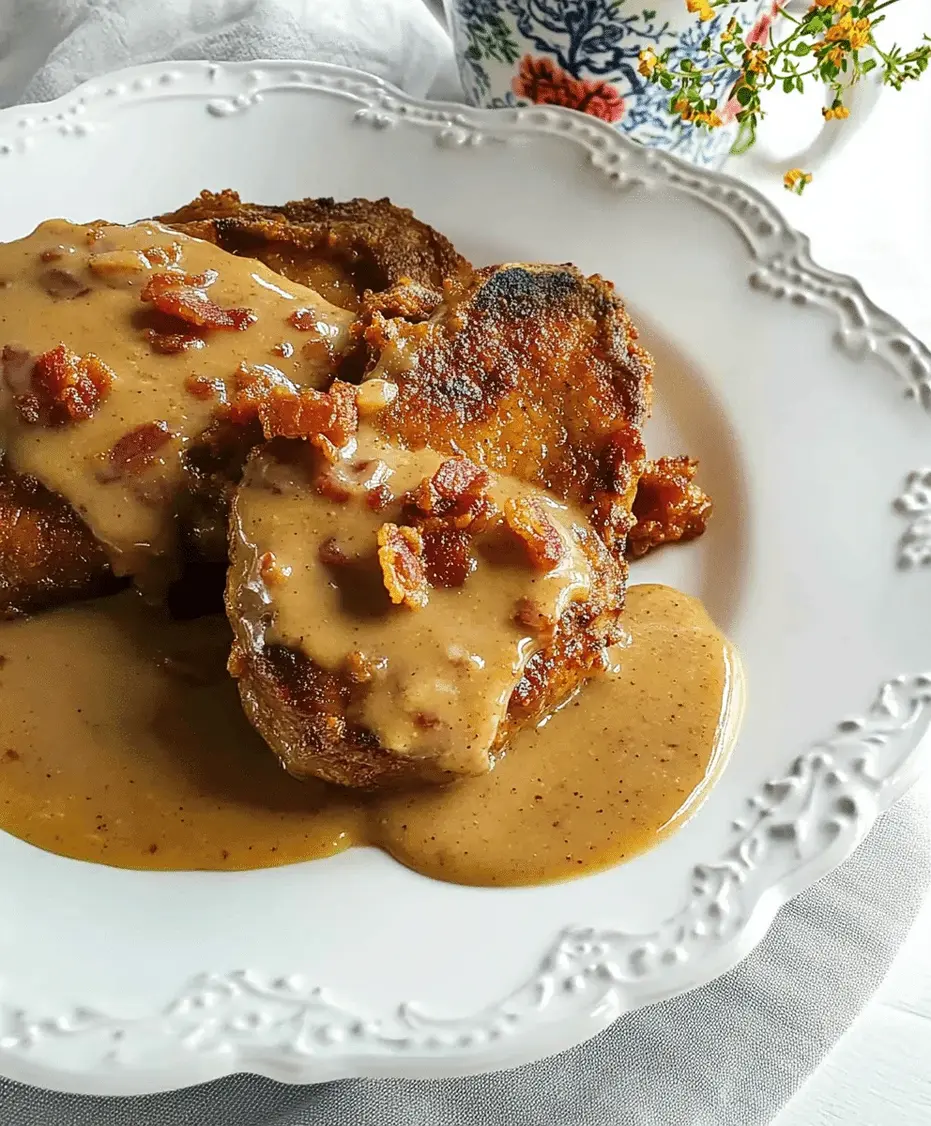 Close-up of crispy country fried pork chops with thick bacon gravy being poured over them