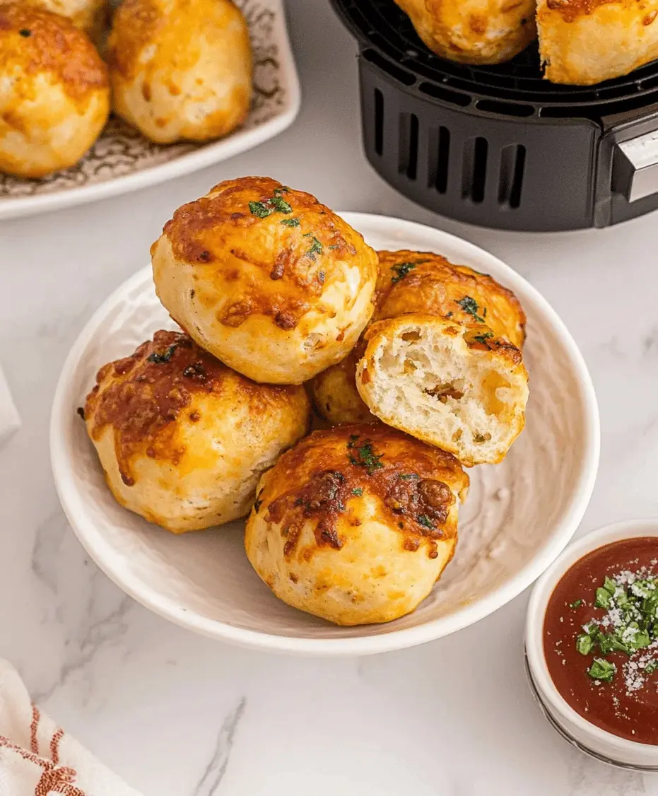 Close-up of an air fryer pizza bomb being dipped into marinara sauce.