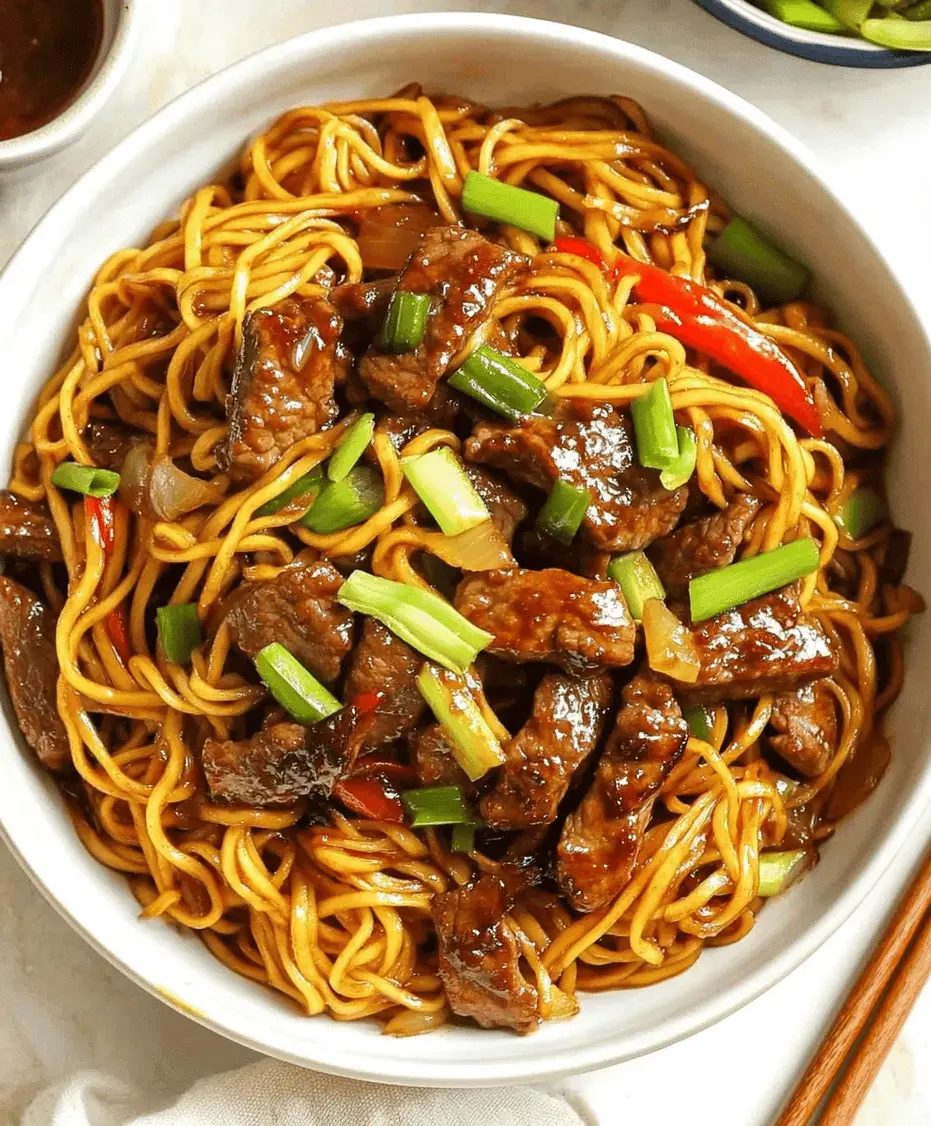 Close-up of Beef Stir Fry with Noodles and Vegetables