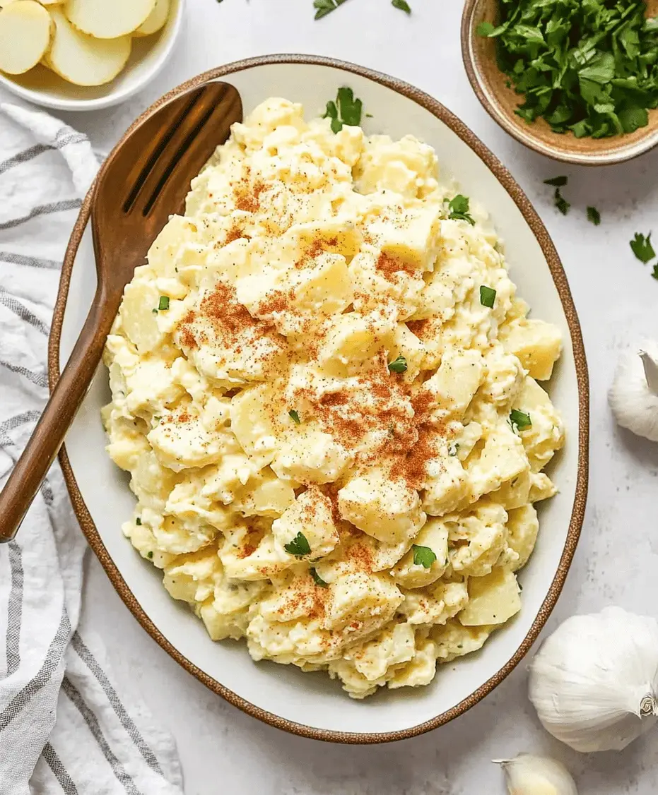 A serving of Southern potato salad on a plate, garnished with paprika and parsley.
