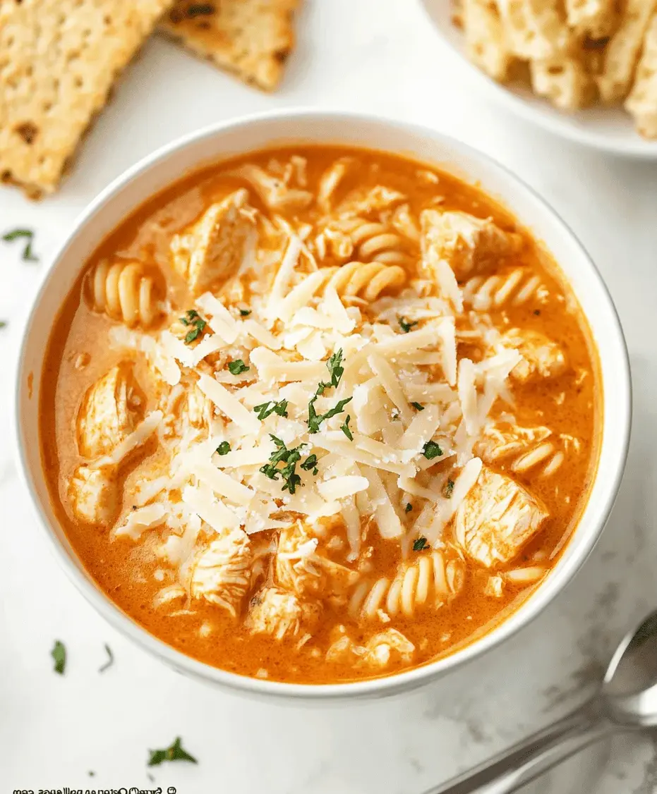 A steaming bowl of Crockpot Chicken Parmesan Soup topped with parsley and cheese.