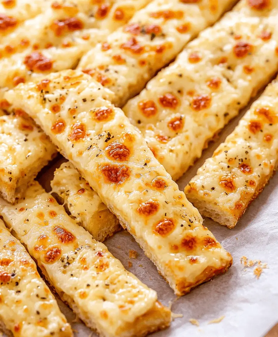 Close-up of a cheesy garlic breadstick being pulled apart