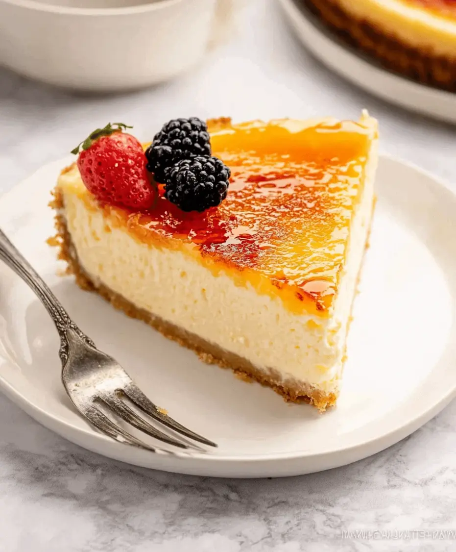 Close-up of the caramelized sugar topping on a Crème Brûlée Cheesecake.
