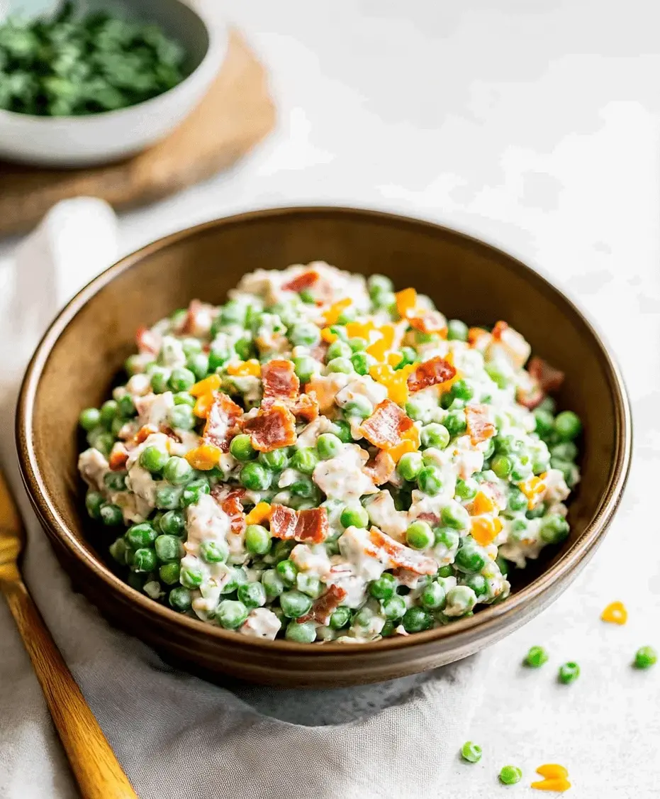 Close-up of a serving of Classic Pea Salad with Bacon