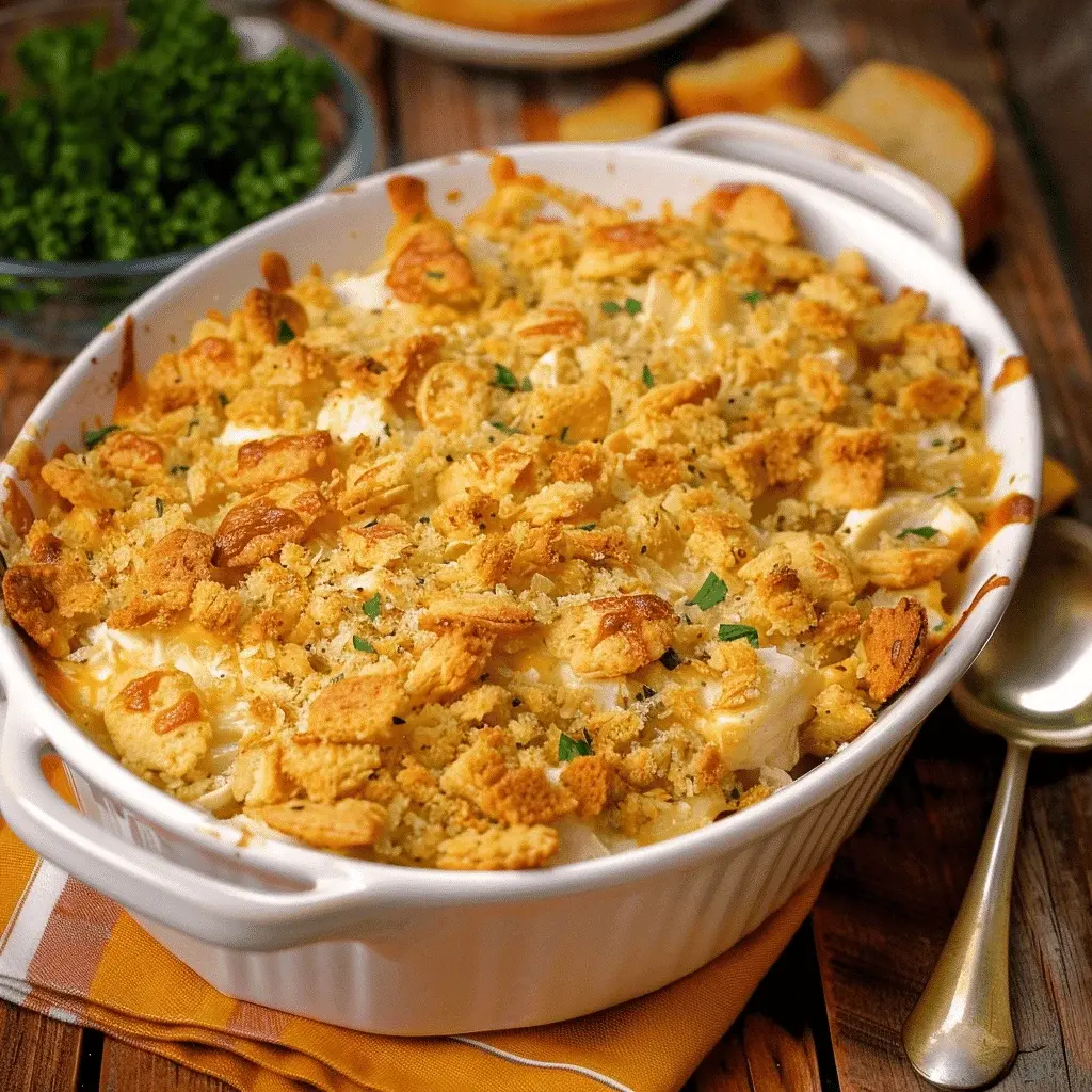 Close-up of a serving of Creamy Chicken Ritz Casserole showing the creamy filling and crispy topping