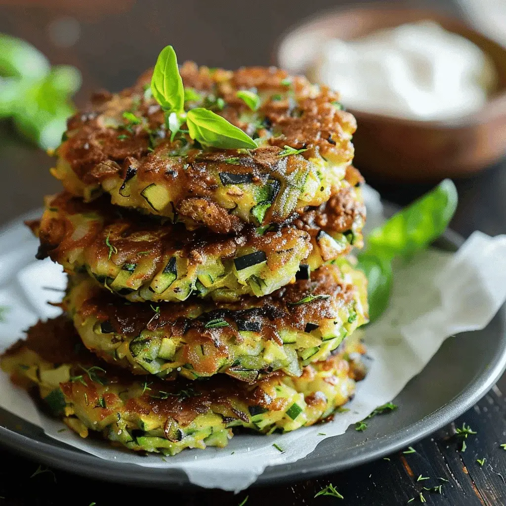 A serving suggestion of zucchini patties on a wooden board with a side salad and dipping sauce