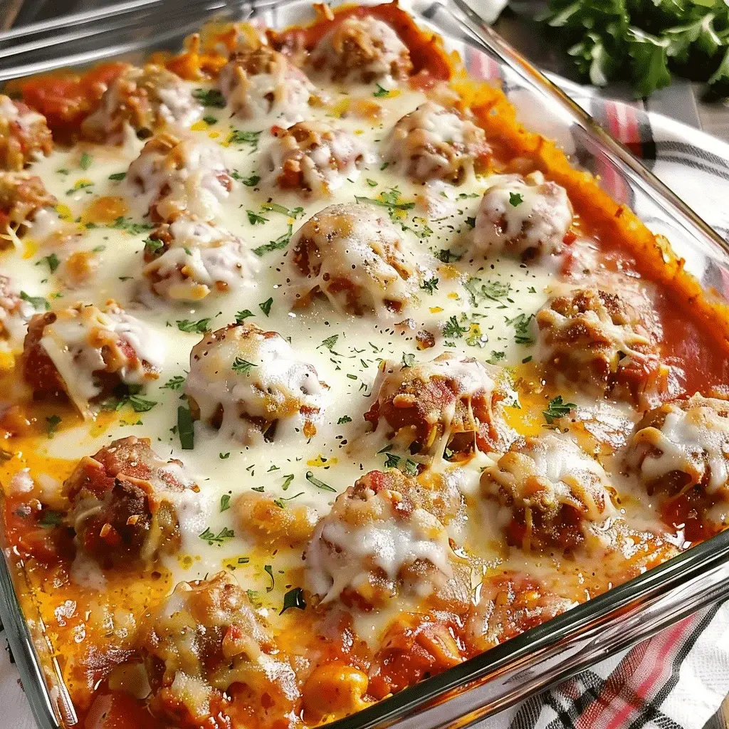 Finished Dump and Bake Meatball Casserole with melted cheese, served on a plate