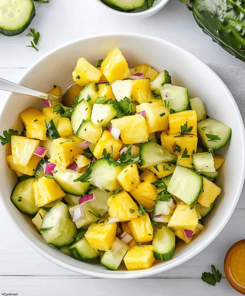 Close-up of Pineapple Cucumber Salad ingredients being prepped, showing chopped pineapple, cucumber, and red onion.