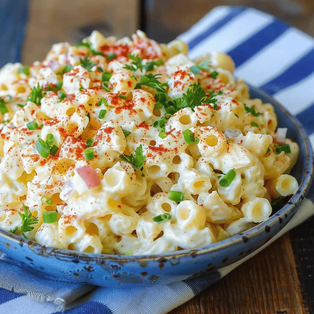 Close-up view of Deviled Egg Pasta Salad showing creamy dressing coating pasta and egg pieces