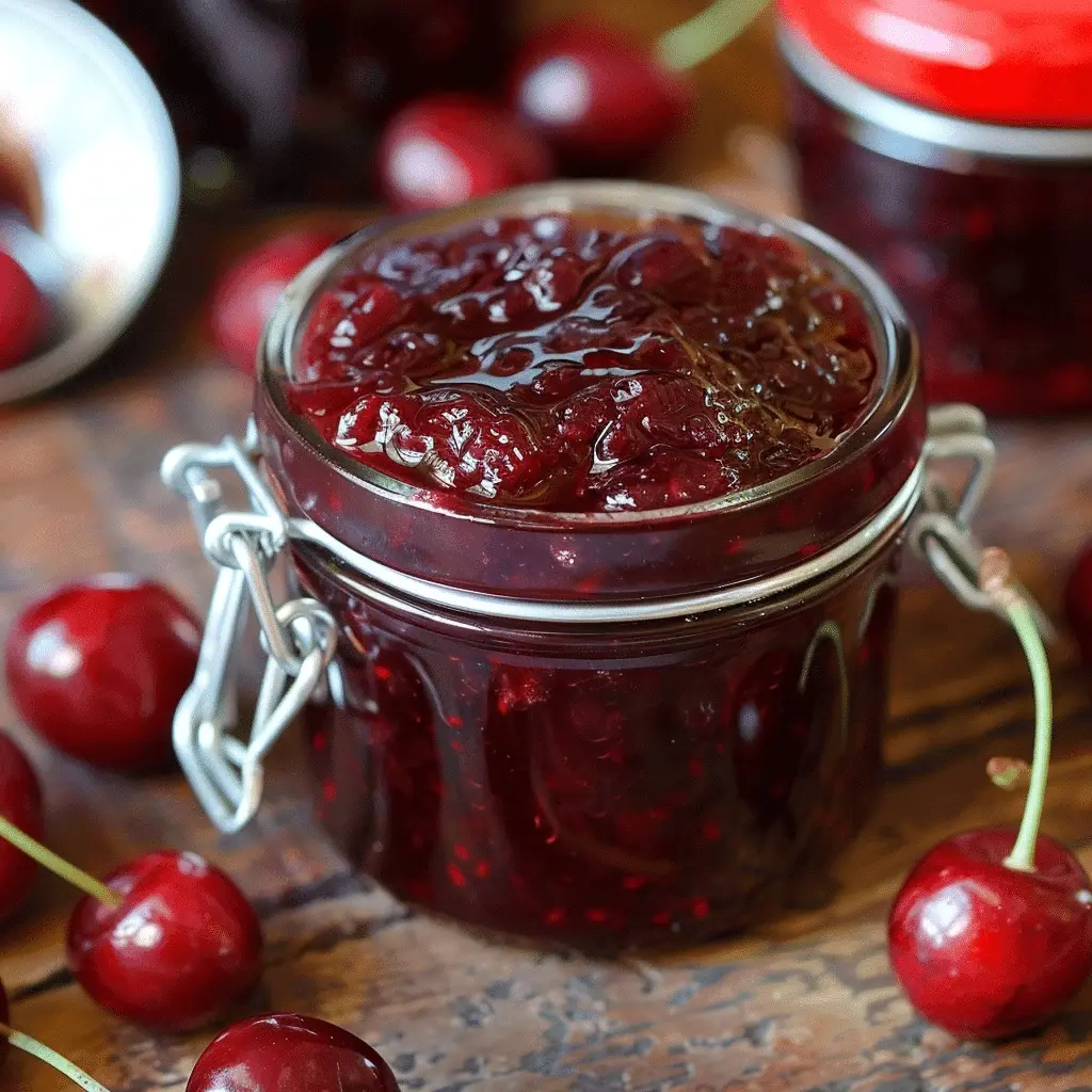 A spoonful of vibrant red Bing cherry freezer jam being drizzled over a slice of toast