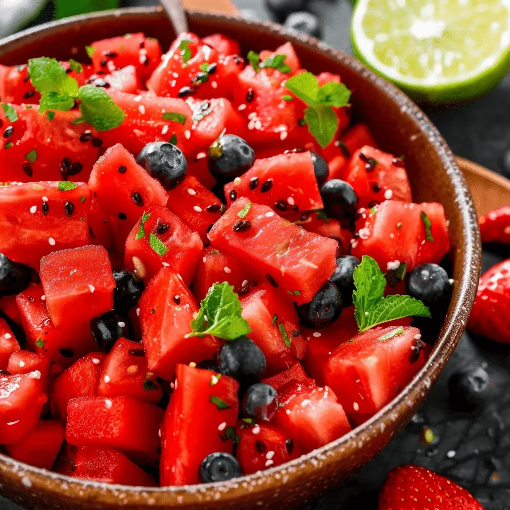 Close-up of refreshing watermelon salad in a bowl, highlighting the juicy textures and fresh mint