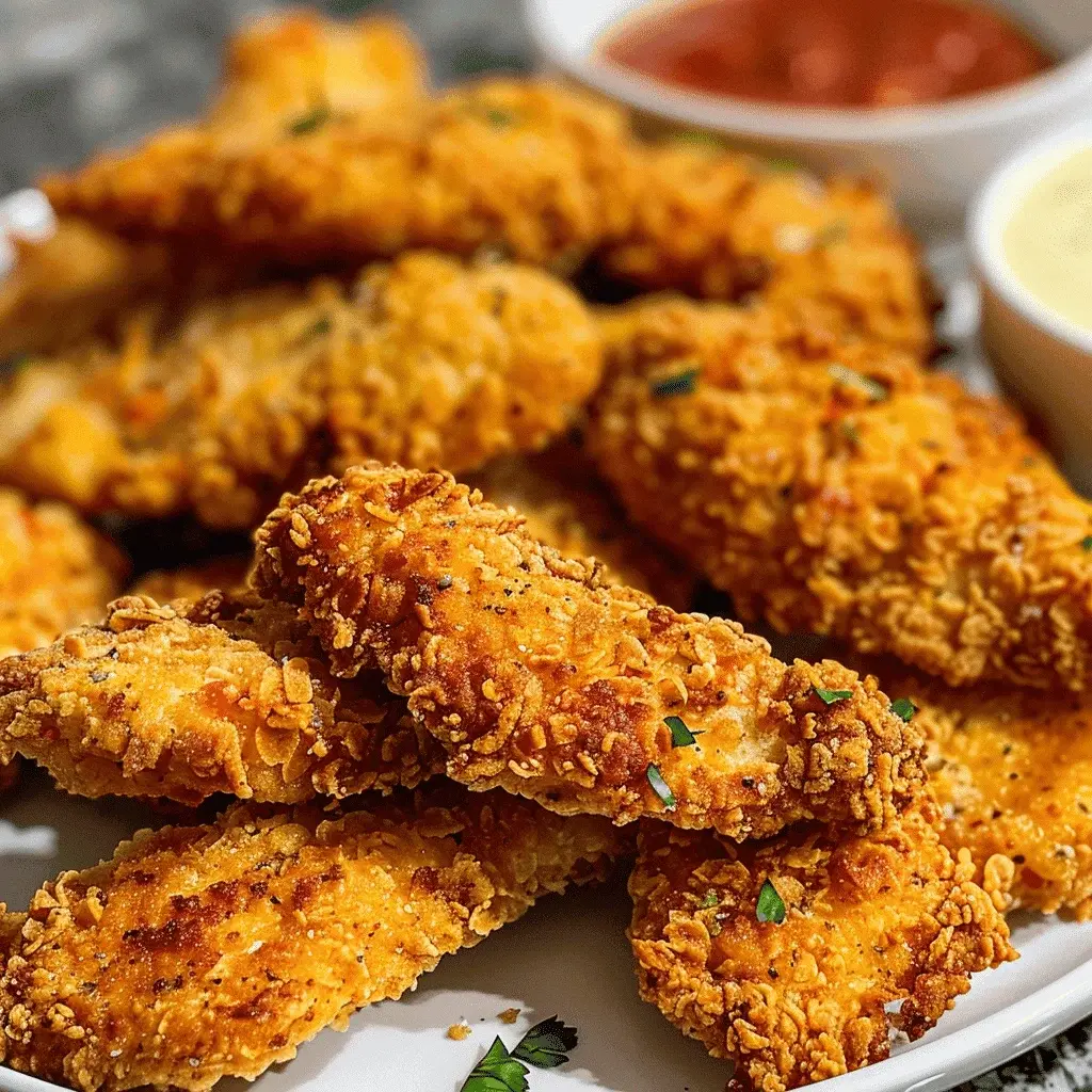 Close-up of a crispy air fryer chicken tender being dipped into a bowl of honey mustard sauce