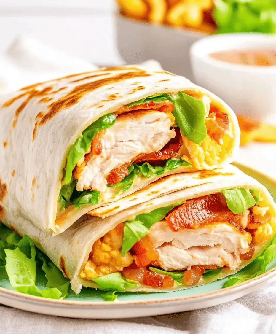 Close-up of a crispy chicken bacon ranch wrap being held, showing the golden chicken, crispy bacon, and fresh vegetables inside a toasted tortilla.
