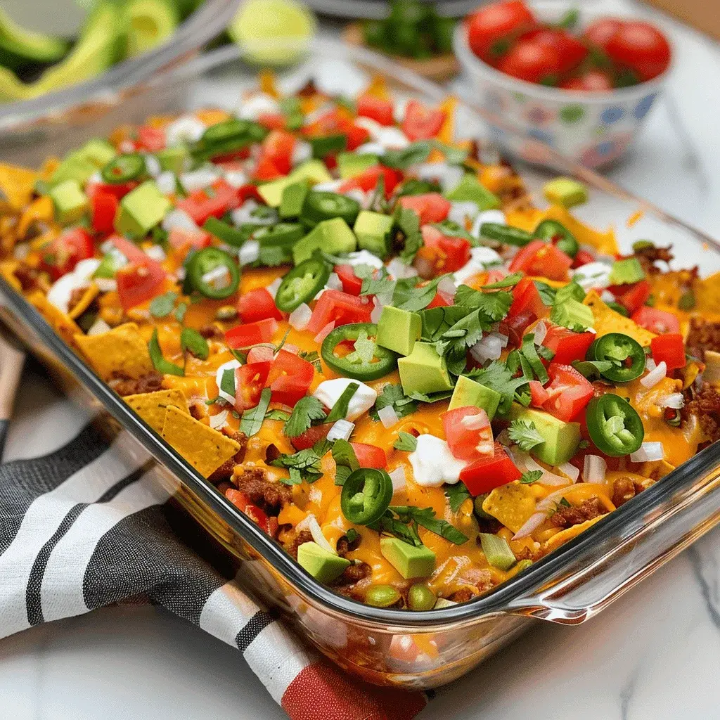 Close-up of a serving of Walking Taco Casserole with fresh lettuce, tomato, and sour cream toppings
