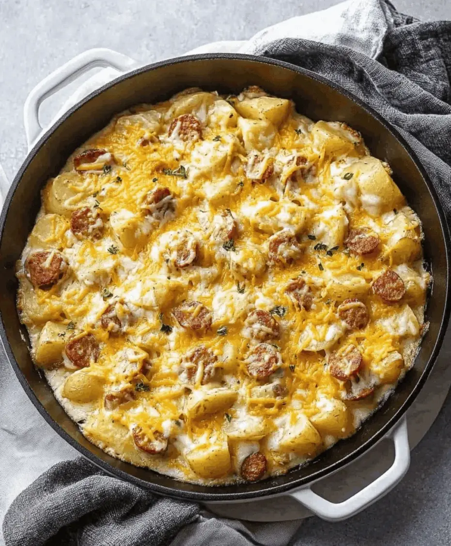 Close up of a serving of cheesy ranch potatoes and sausage, showing melted cheese and crispy edges