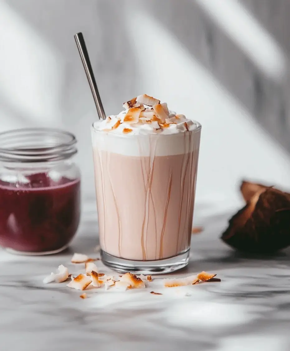 Close-up of a pink coconut iced latte with espresso poured over the top, creating a subtle gradient in a clear glass.