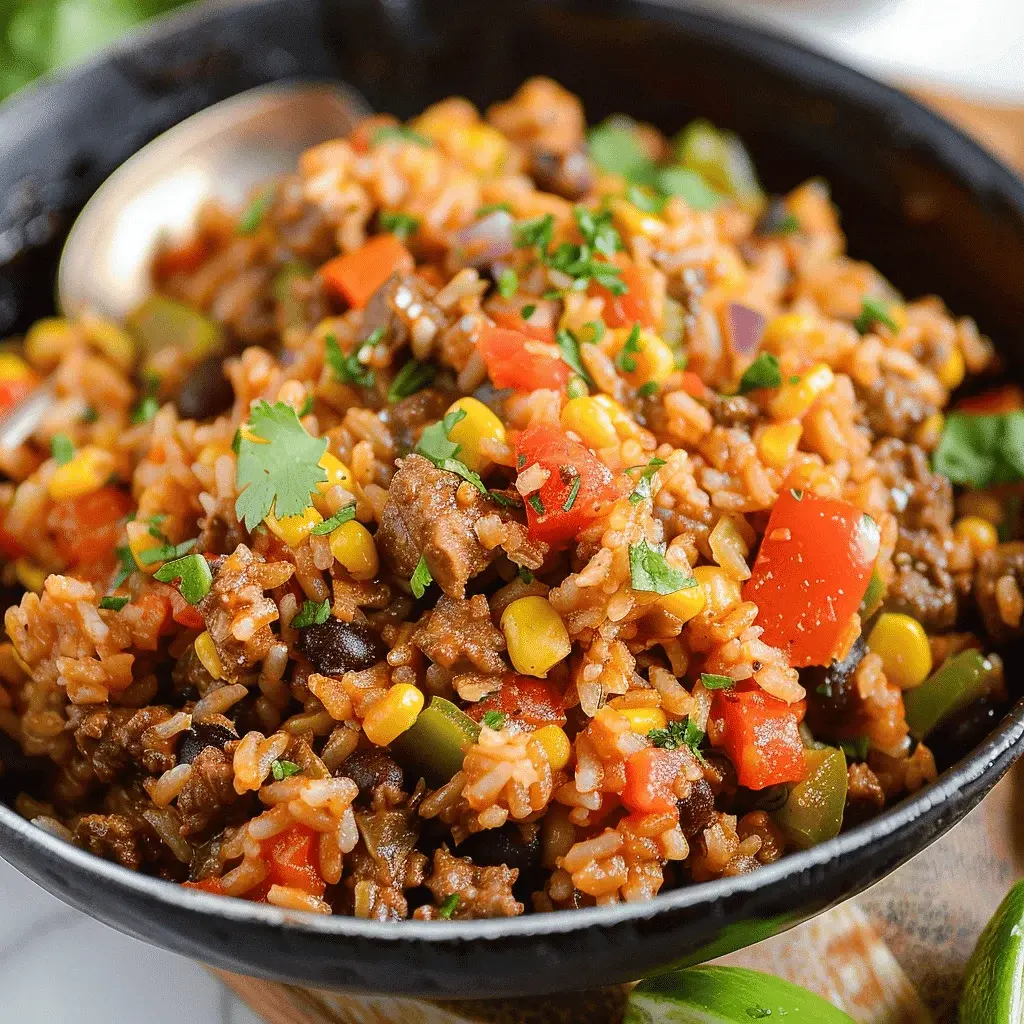 Close-up of a spoon serving the cheesy Mexican beef and rice from the skillet