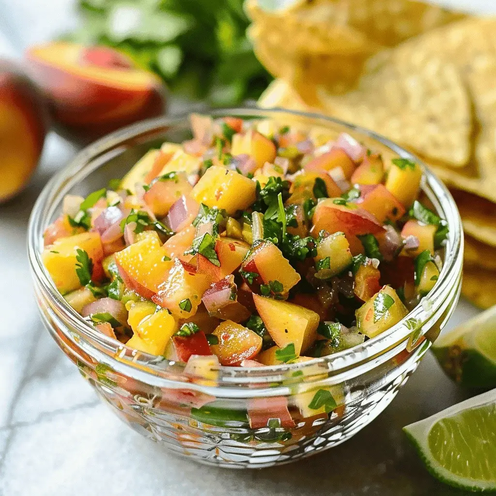 Close-up of fresh peach salsa being scooped with a tortilla chip, highlighting the colorful mix of ingredients