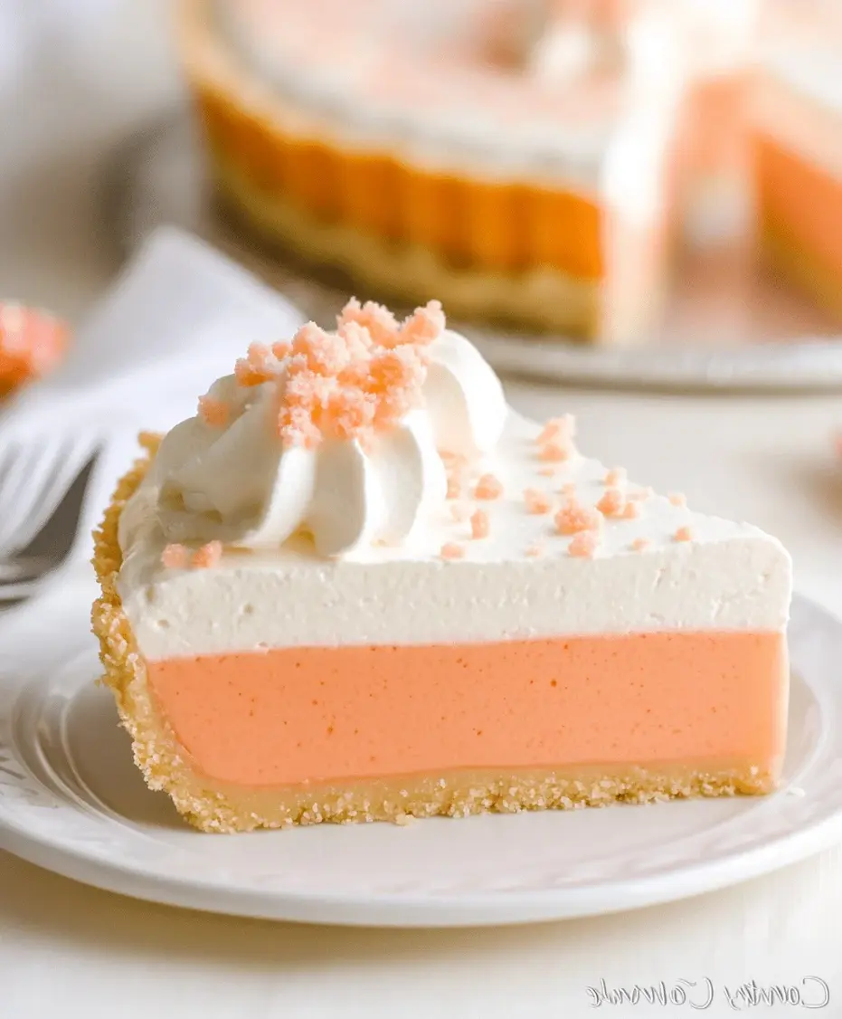 A whole Jello Creamsicle Pie ready to be sliced