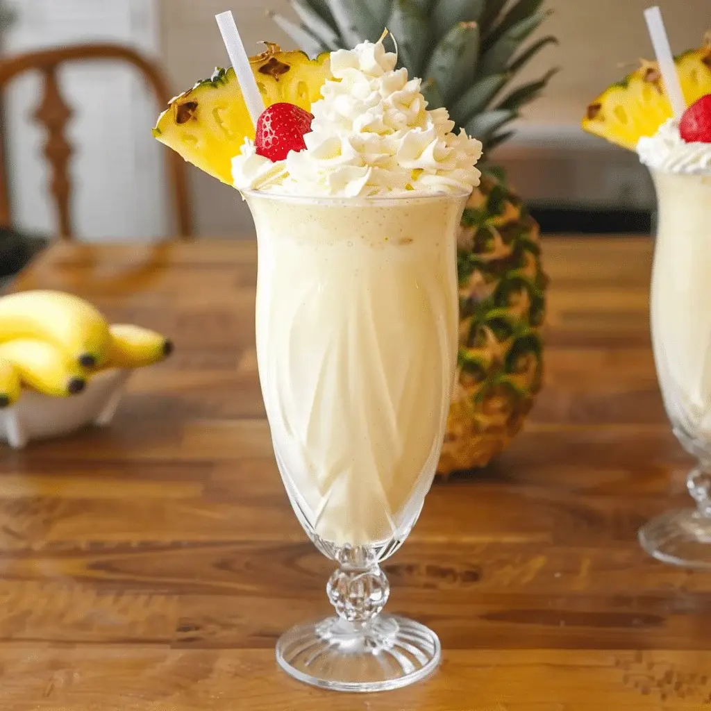 Two Pina Colada Milkshakes garnished with cherries and pineapple on a tropical table