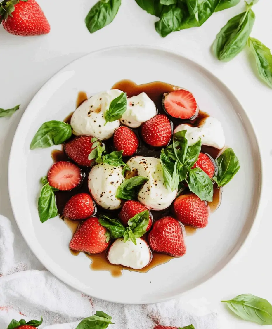 A close-up shot of a serving of Balsamic Strawberry Caprese with fresh basil and a drizzle of balsamic glaze.