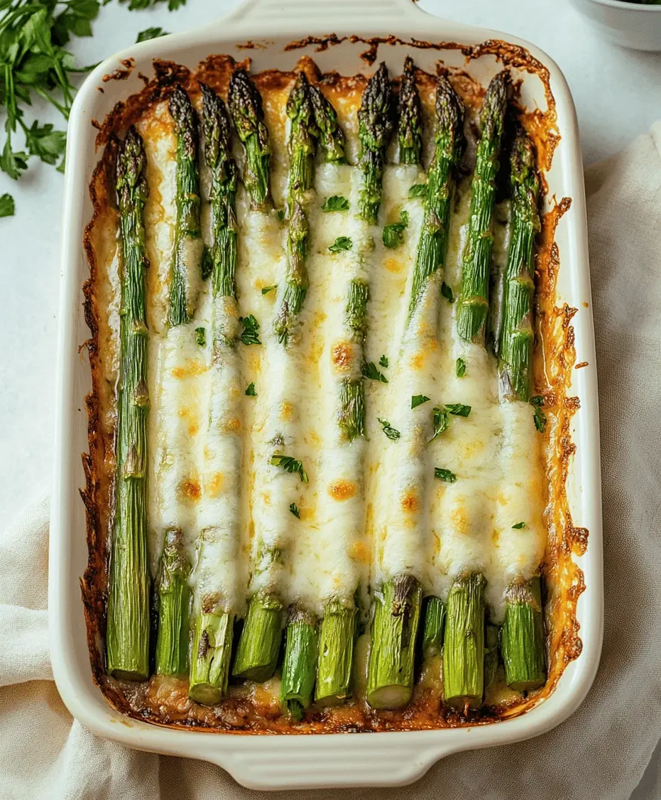 Close-up of cheesy baked asparagus on a white plate, showcasing the melted mozzarella.