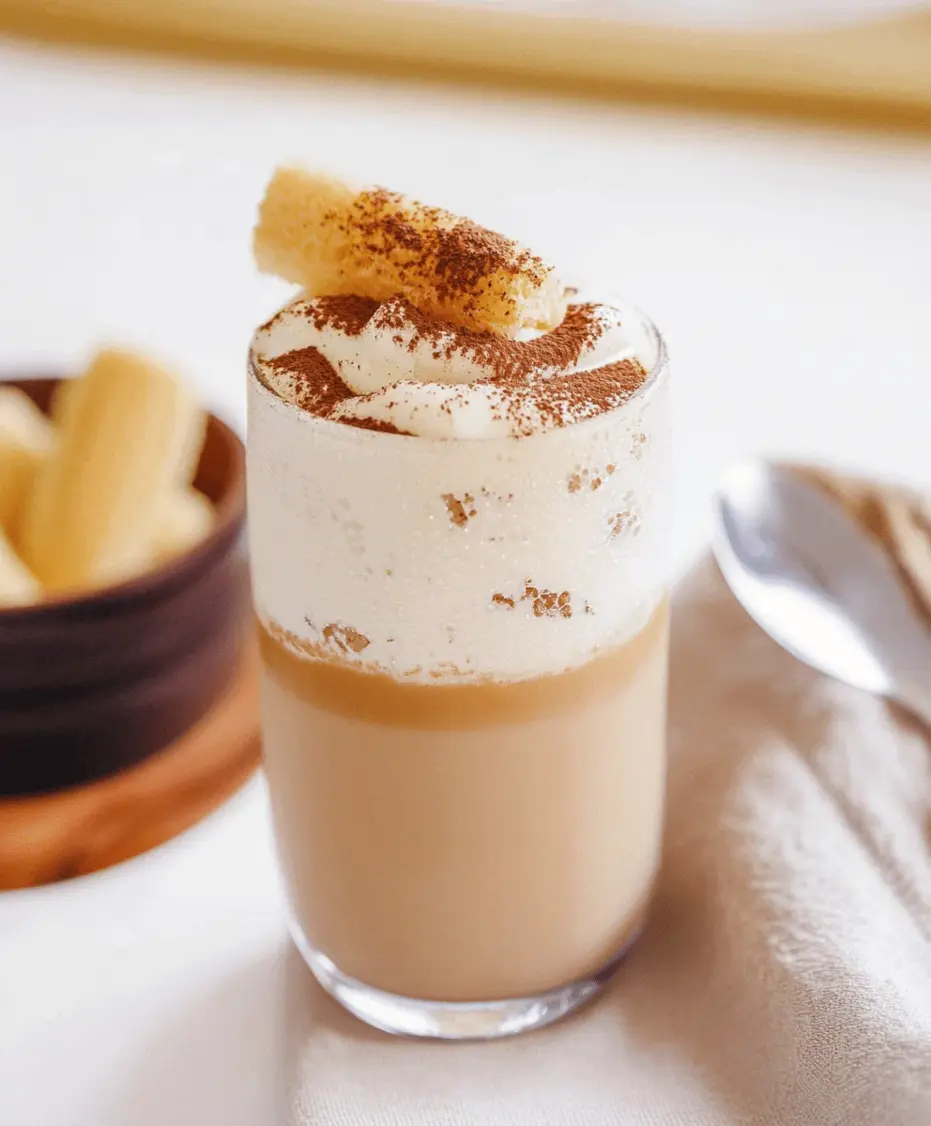 A beautifully styled table setting with a Tiramisu Iced Coffee, ladyfinger cookies, and coffee beans