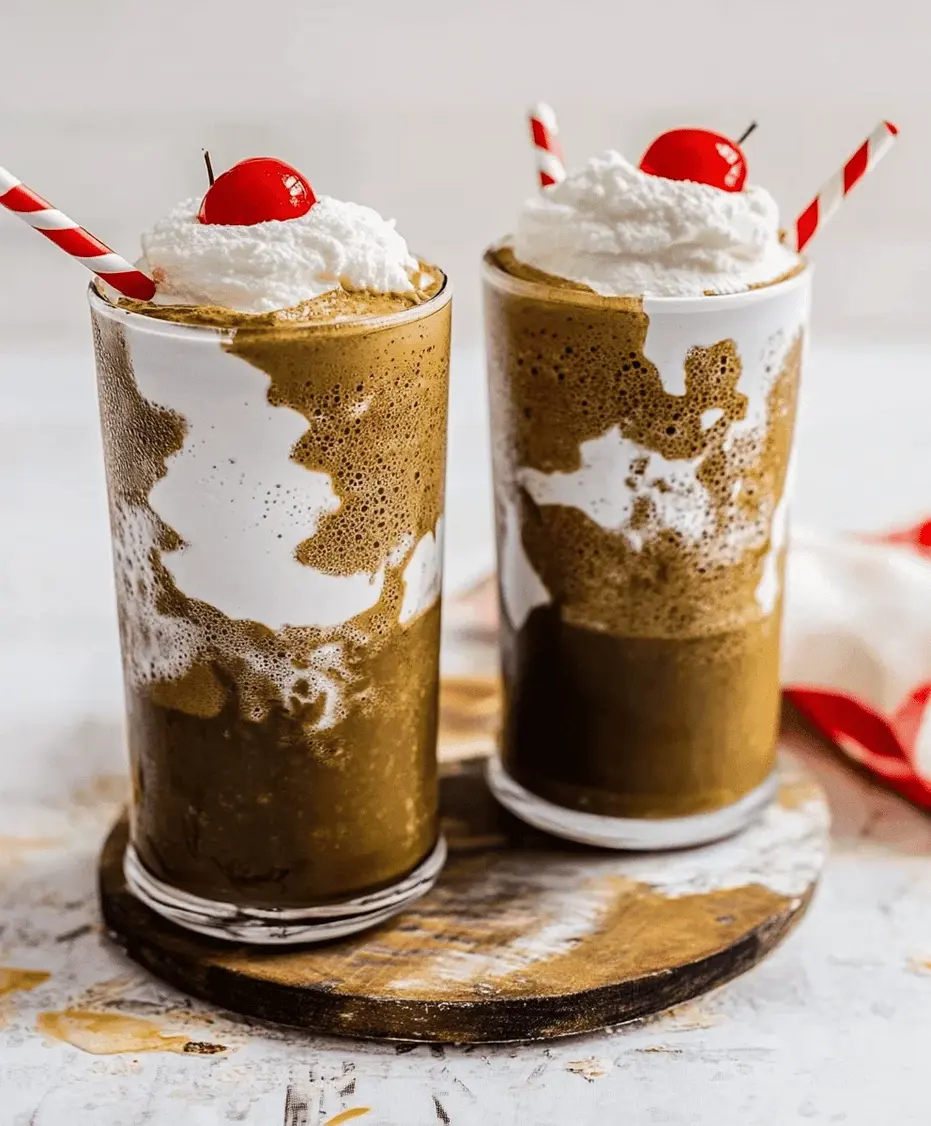 A stylish overhead shot of two glasses of Fluffy Coke on a marble surface, with a can of Coca-Cola and a whisk in the background.