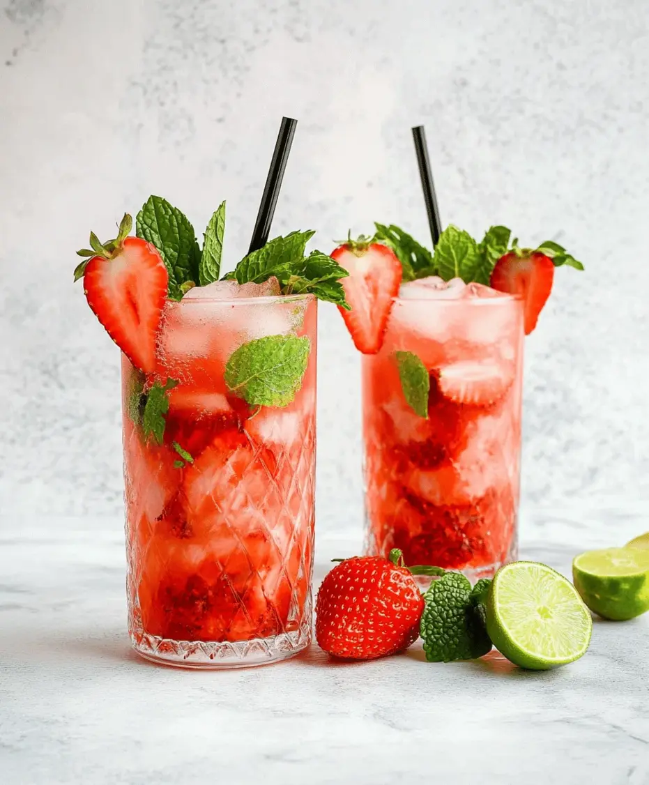 Two finished strawberry mojitos in glasses with mint, lime, and strawberries as garnish, condensation on the glass