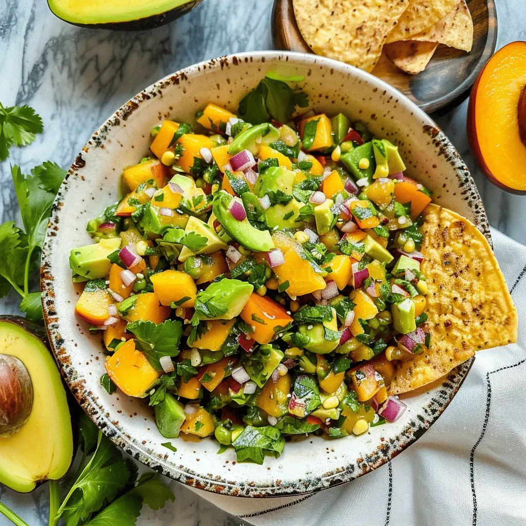 Close-up of Avocado Peach Salsa being scooped with a tortilla chip, highlighting the chunky texture