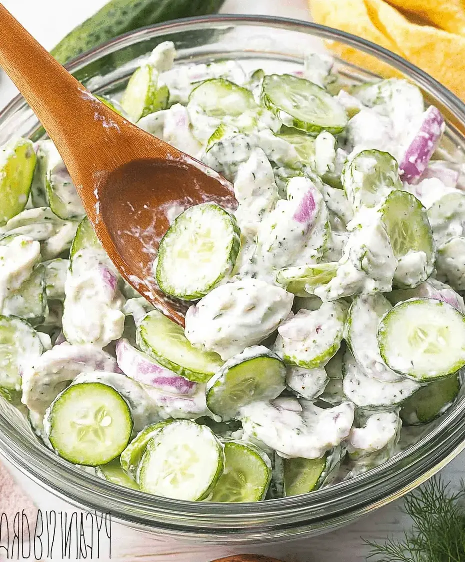 Close-up of creamy cucumber salad ingredients, showing sliced cucumbers and fresh dill.