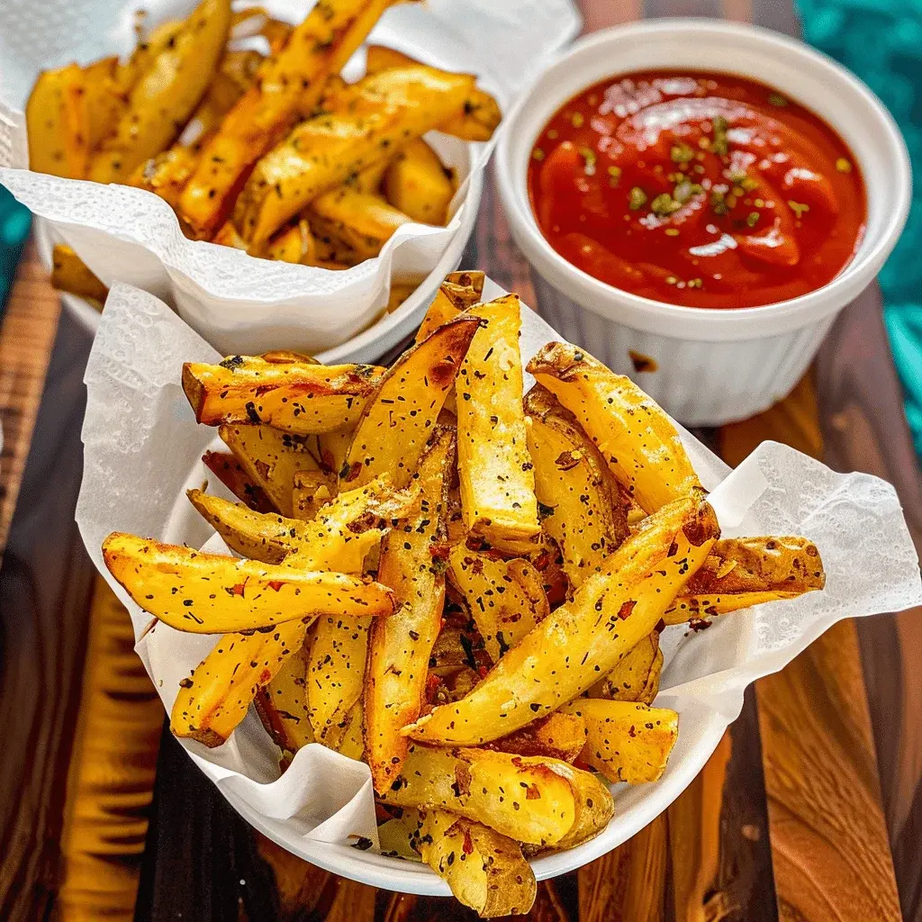 Close-up of crispy air fryer french fries with seasoning, served on a plate with dipping sauce