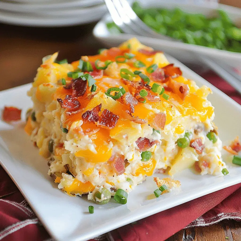 Close-up of a scoop of Twice Baked Potato Casserole showing creamy texture with melted cheese and bacon bits