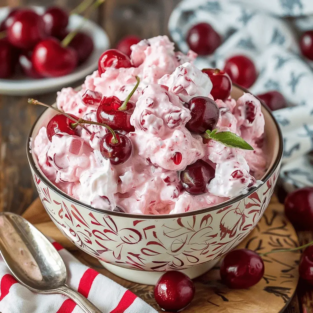 Cherry Fluff Salad served in individual parfait glasses, garnished with a fresh cherry and mint