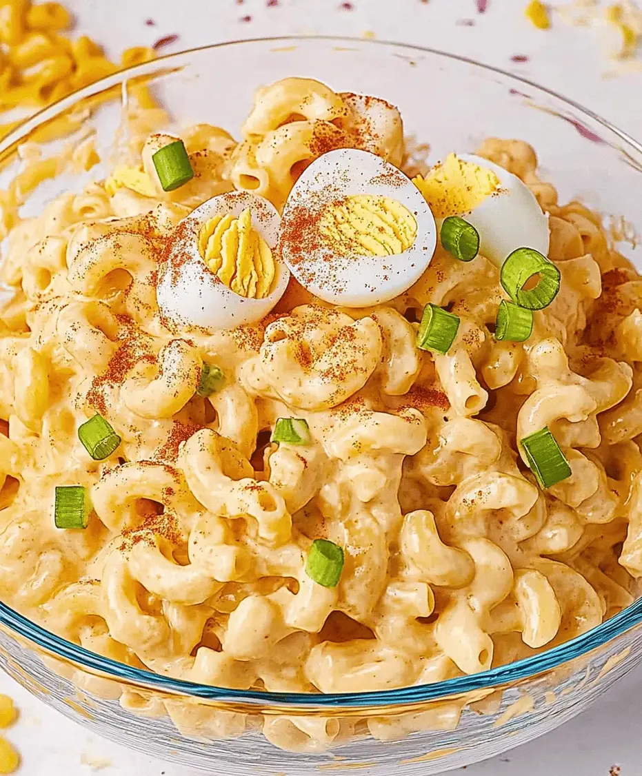 Close-up of Deviled Egg Macaroni Pasta Salad showing creamy dressing coating macaroni, chopped egg, and celery