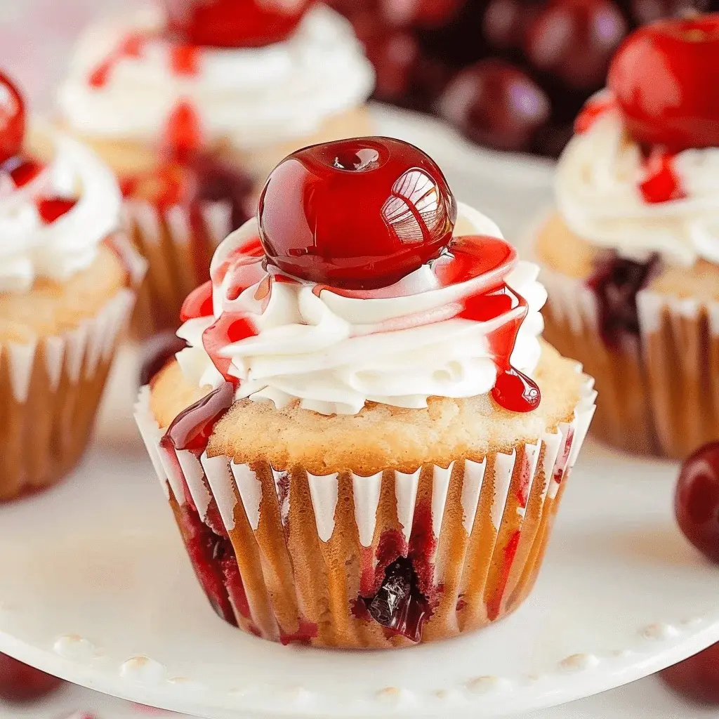 A beautiful platter of finished Cherry Pie Cupcakes with whipped cream rosettes and fresh cherry garnishes.