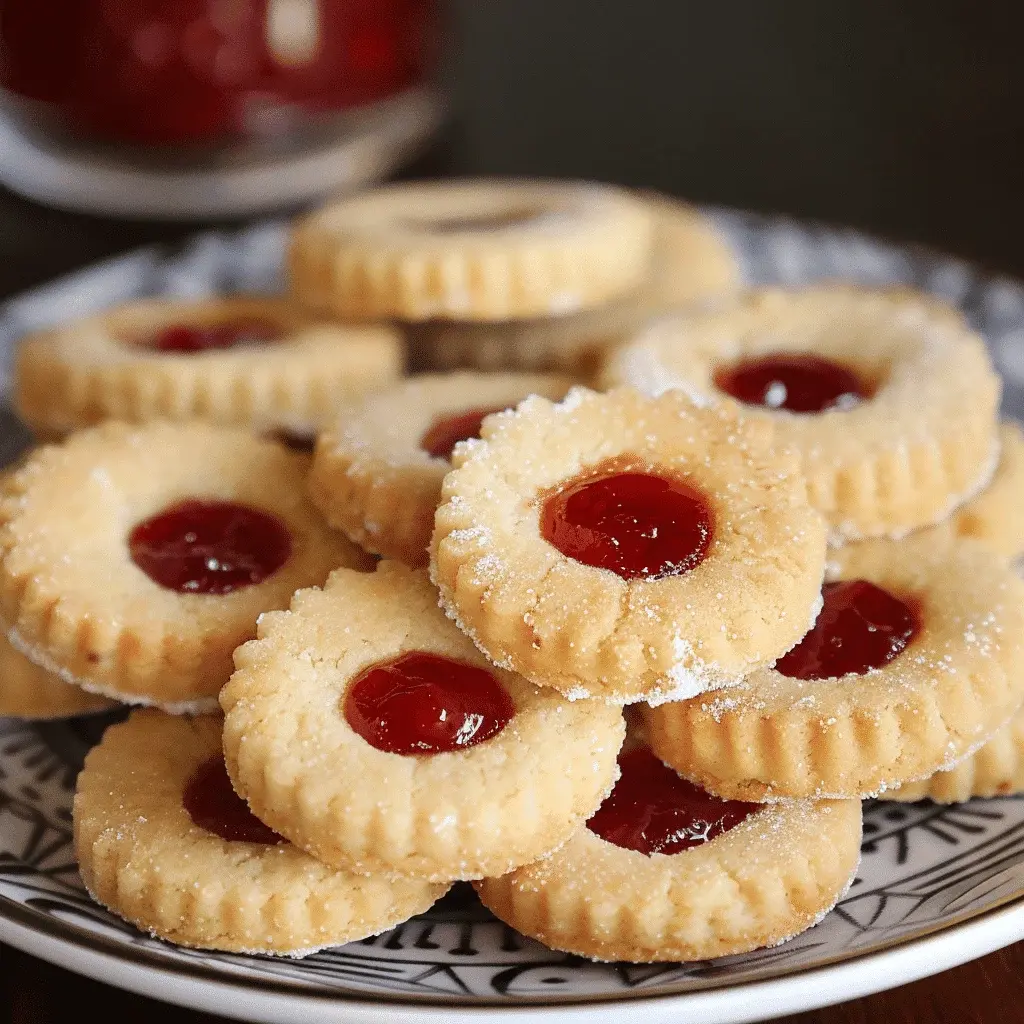 A stack of homemade Jammie Dodgers on a vintage plate, dusted with icing sugar, next to a cup of tea