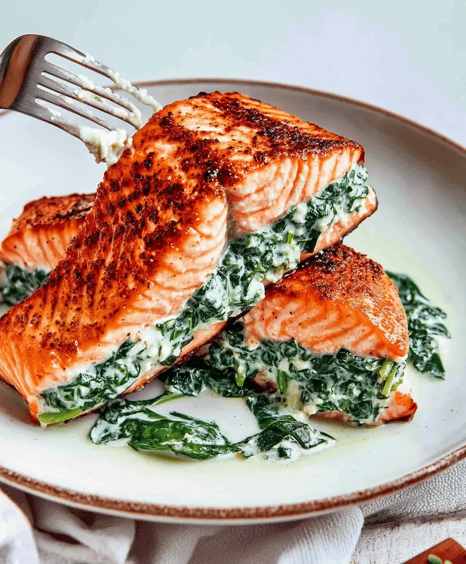 Close-up of a perfectly cooked spinach stuffed salmon fillet with filling