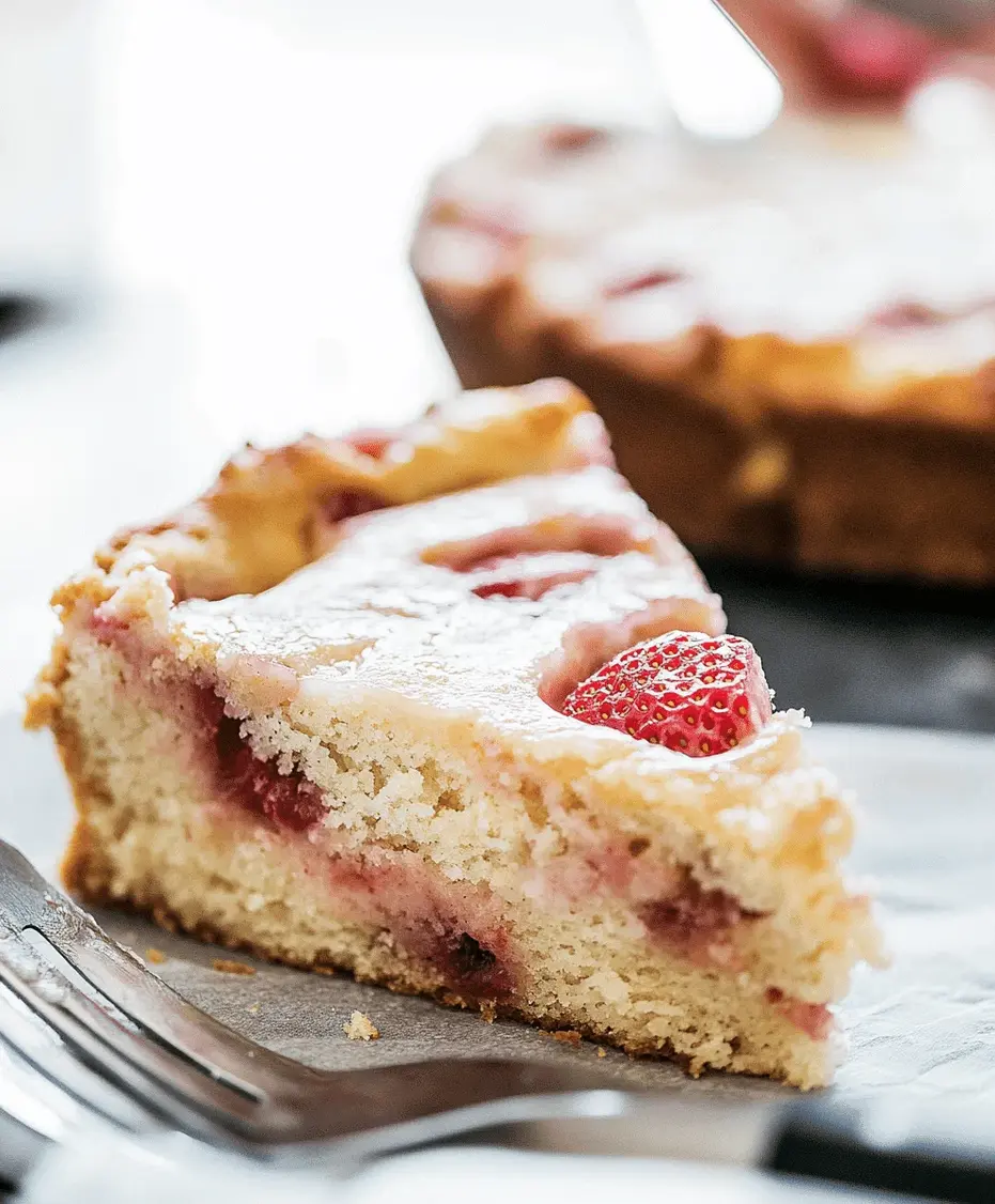 Slice of strawberry buttermilk cake on a plate, showing moist crumb and juicy strawberries