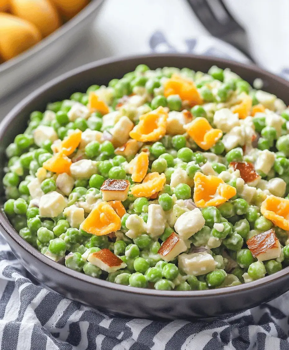 Close-up of pea salad in a serving bowl.