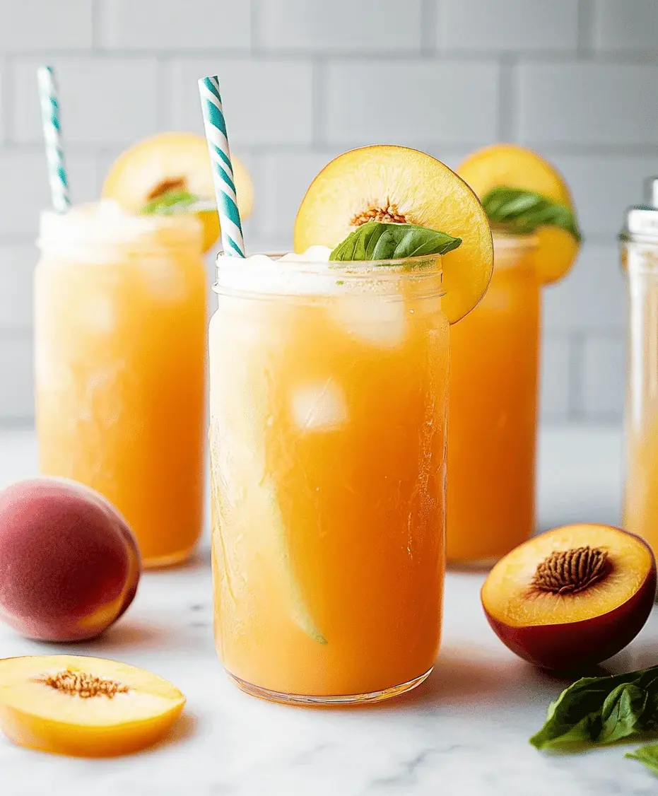 Close-up of a frosty glass of peach lemonade with a peach slice garnish on the rim, condensation on the glass